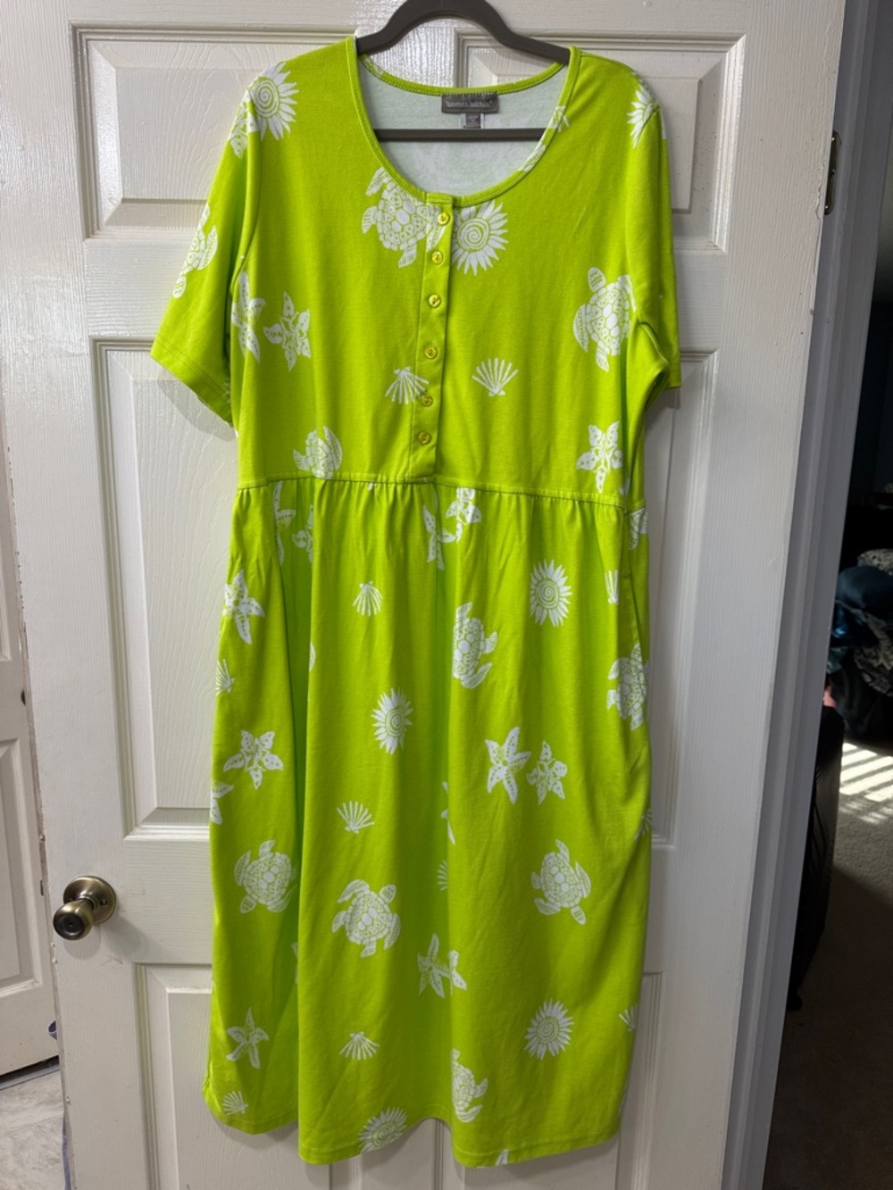 Woman Within Lime Green Starfish Stamped Empire Waist Dress Plus Size 1X 22/24